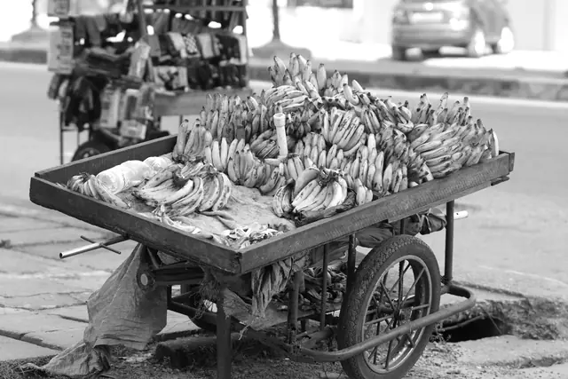 Un chariot de vendeur chargé de régimes de bananes, au bord d'une rue de Douala.